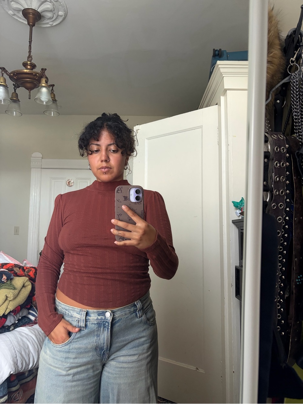 Free People Ribbed Mock Neck Long Sleeve Top - Rust